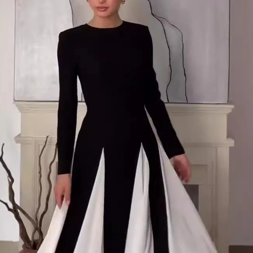 VGH Hit Color Temperament Slimming Dresses For Women Round Necck Long Sleeve High Waist Elegant Long Dress Female Fashion New