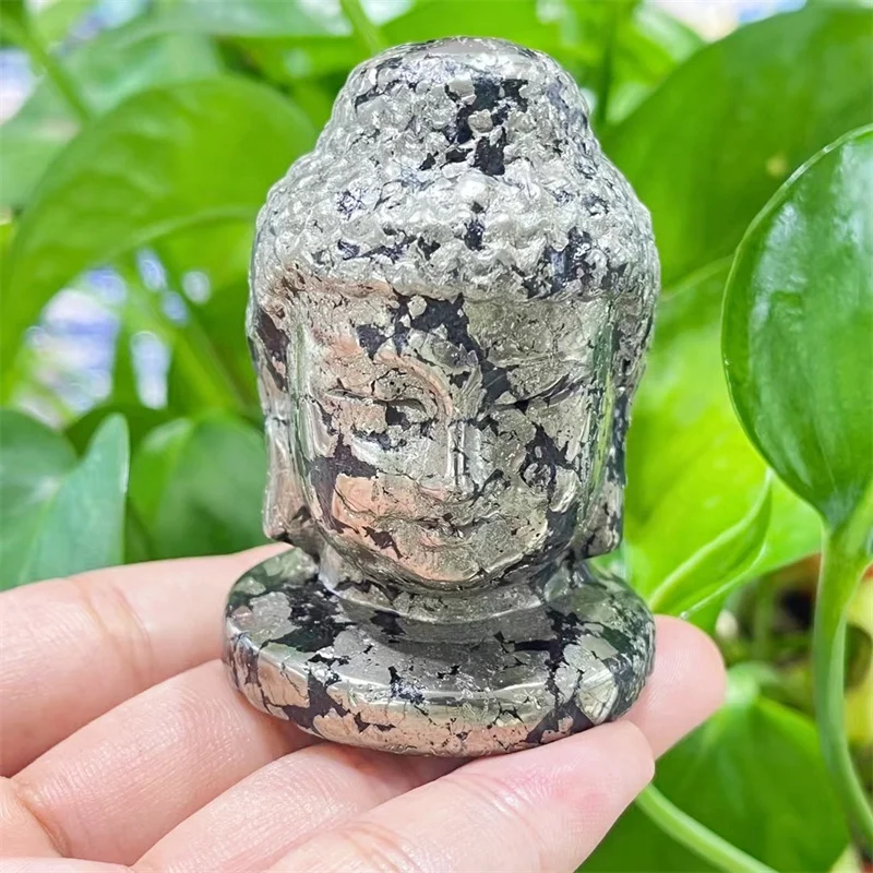 Natural Pyrite Buddha Head Carving Mini Statue Feng Shui Gemstone Crafts Home Decoration Gift 1pcs 6CM