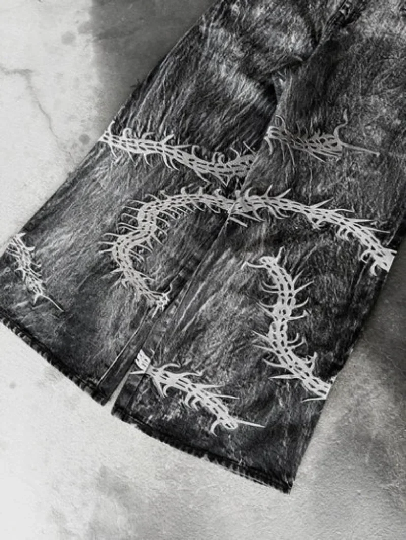 Y2K جديد ريترو حريش التطريز نمط غسلها المتضخم واسعة الساق السراويل الشارع القوطية Harajuku الطابق السراويل للرجال والنساء