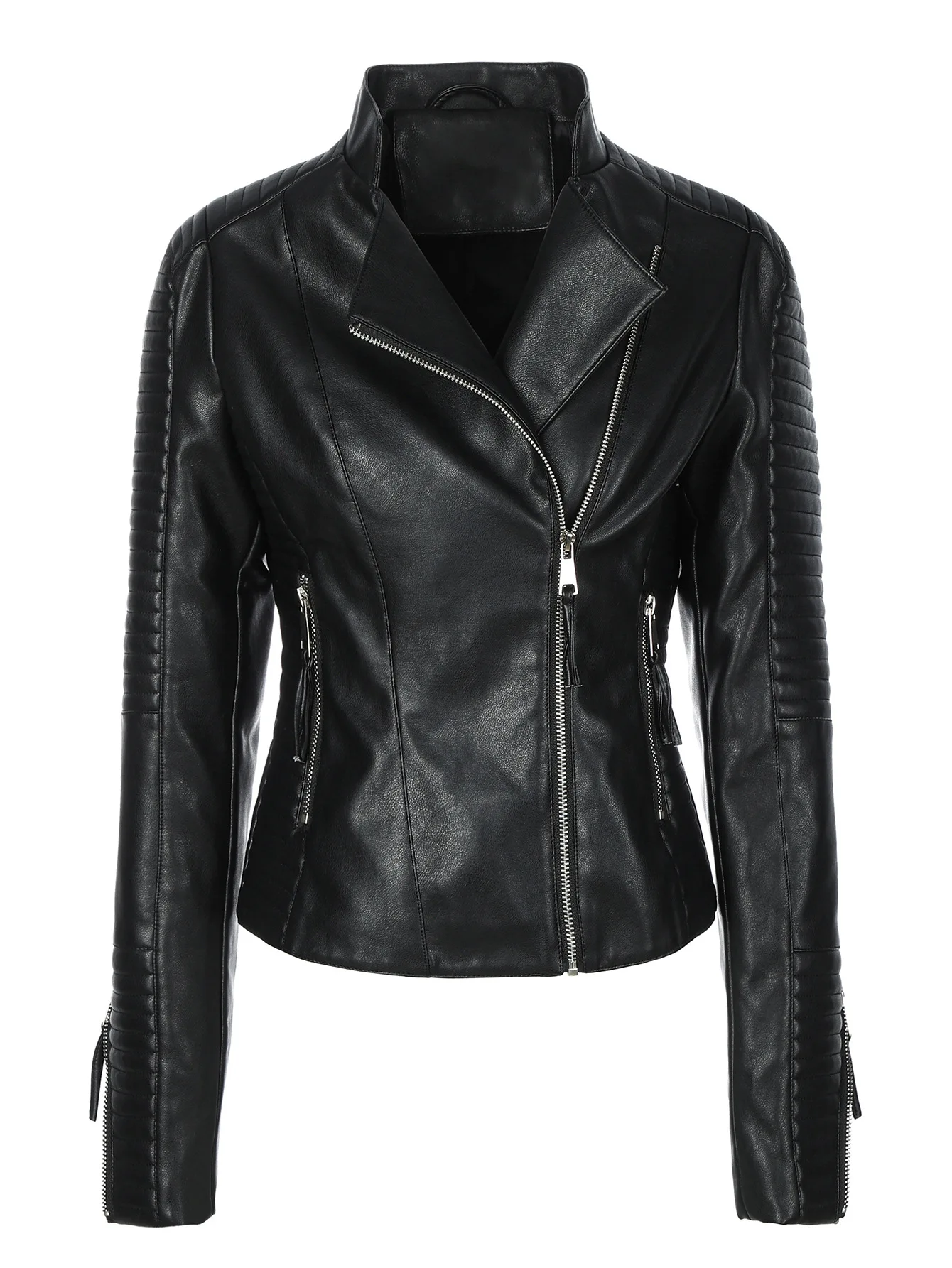 

Autumn and winter short leather jacket, women's plus size slim fit lapel, motorcycle suit, diagonal zipper, punk rock jacket