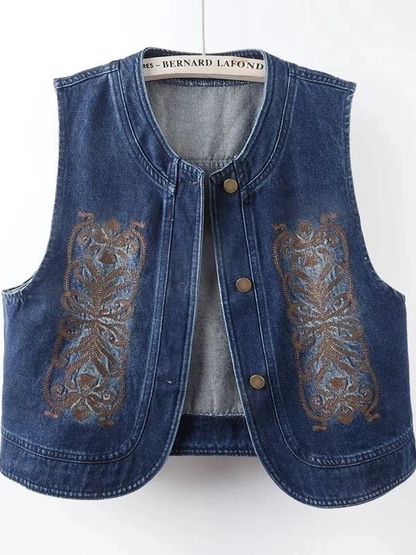 

New Chinese Sle Embroidered Denim Vest Women's Spring Autumn New Design Sensation Svel oulder Pad Top Vest