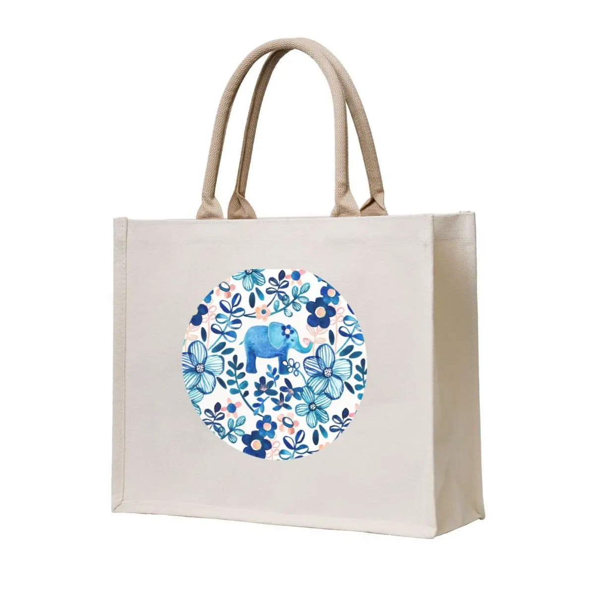 

Blush Pink, White and Blue Elephant and Floral Watercolor Pattern Tote Bag women bag Canvas bag for women custom bags