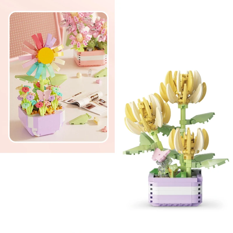 Mini Building Blocks Flower Pots Simulated Flowers and Plants Desktop Small Ornaments Assembled Toys Girls Gifts with nice price