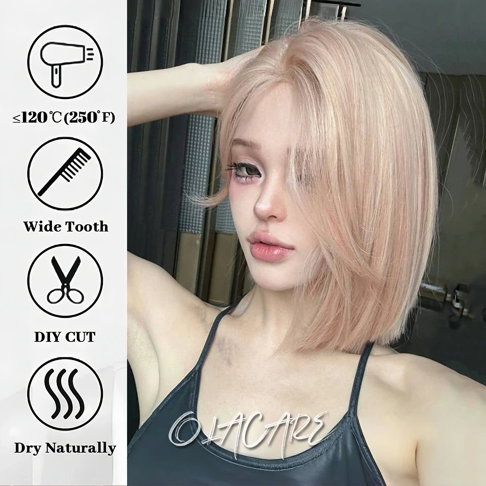 Blonde Pink Ombre Synthetic Wigs Short Straight Bob Wigs for Women Middle Part Lolita Cosplay Natural Hair Heat Resistant Fiber