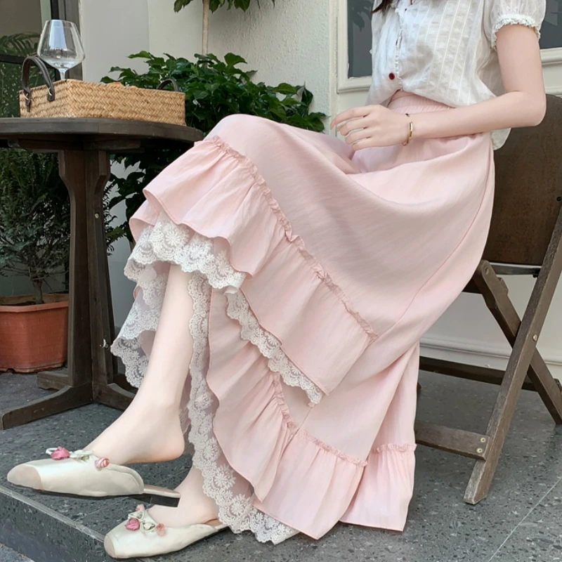 

Qiukichonson Mid Long Skirt Women 2025 Patchwork Lace Lolita Spring Summer High Waisted Ruffles Asymmetrical Maxi Skirt rok