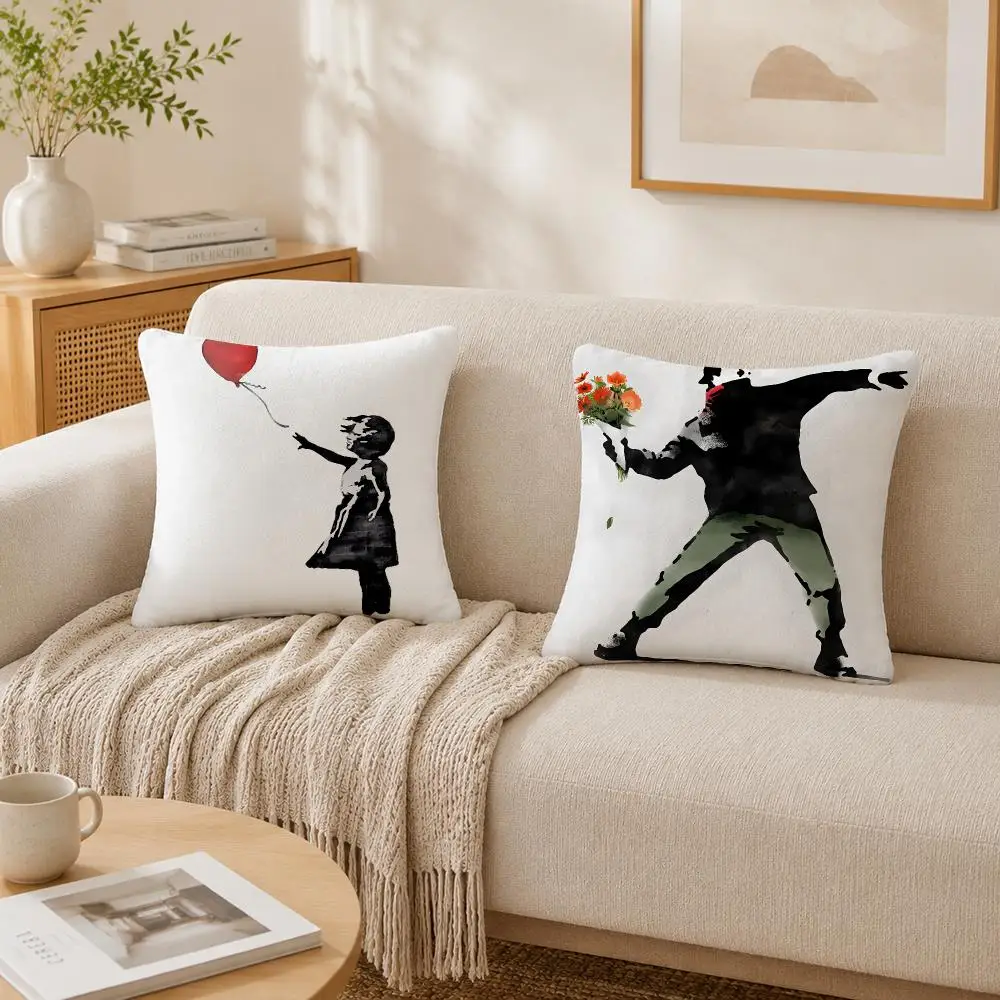 B-Banksy Street Graffiti Art Cushion Cover Plush Decorative Pillow Case With Hidden Zipper Cutecore Room Decor For Home