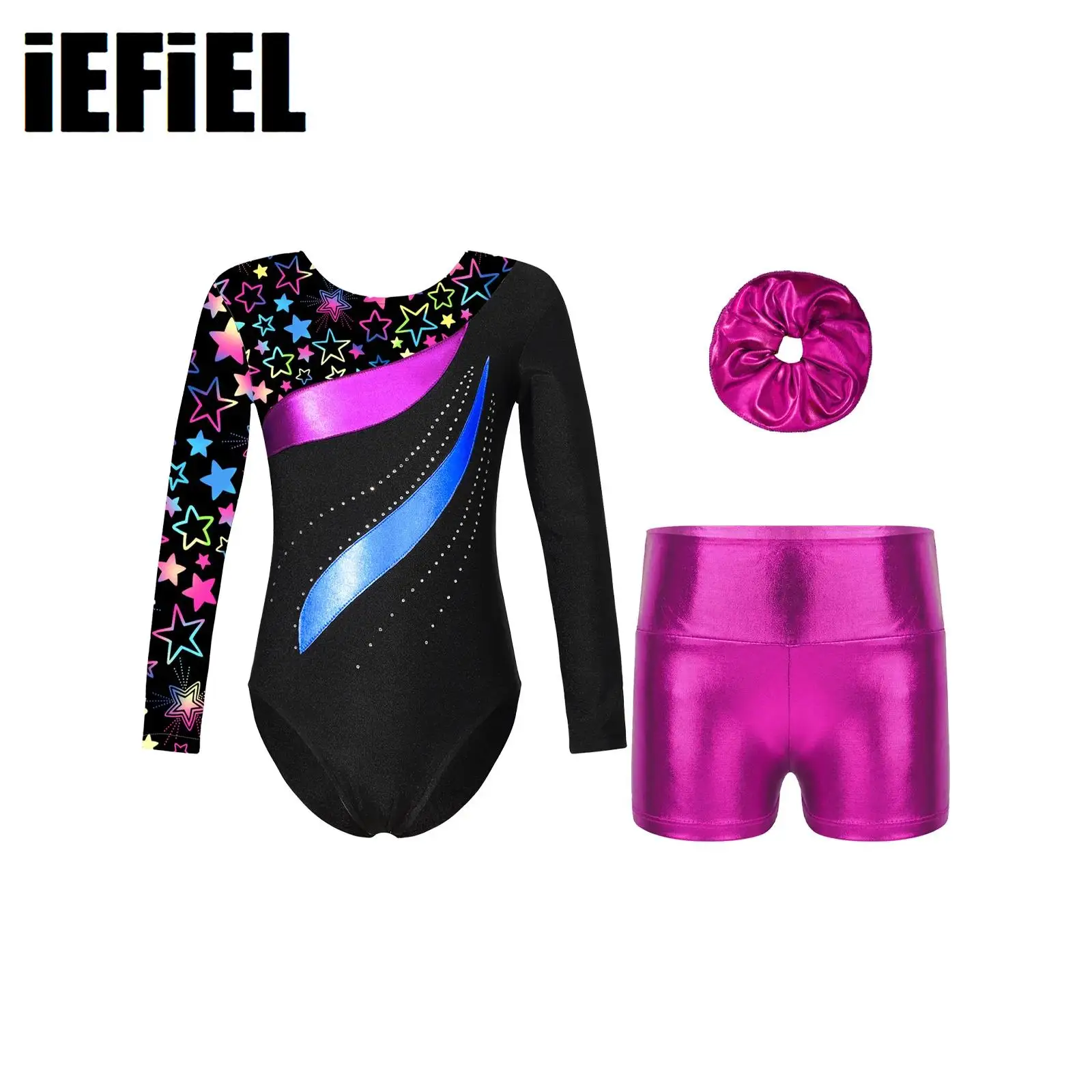 Kids Girls Dance Set Printed Patchwork Leotard with Metallic High Waist Shorts And Hair Tie Headwear for Gymnastics Skating