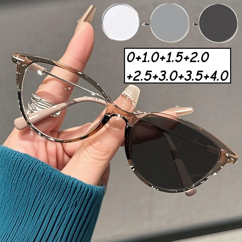 Cat Eye Photochromic Reading Glasses Men Women Fashionable Blue Light Blocking Presbyopia Trendy New Far Sight Sunglasses