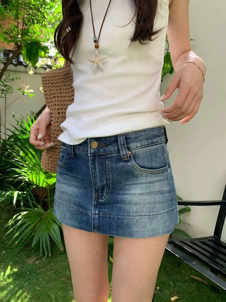 Retro Denim Skirt Women's Summer New Low-rise Skirt Design Spice Girls Culottes