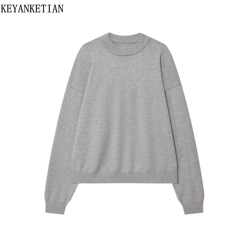 

KEYANKETIAN 2025 Winter New Women's Light grey Knit Sweatshirt Simple style O-Neck Long Sleeve Screw Thread Patchwork Hoodies