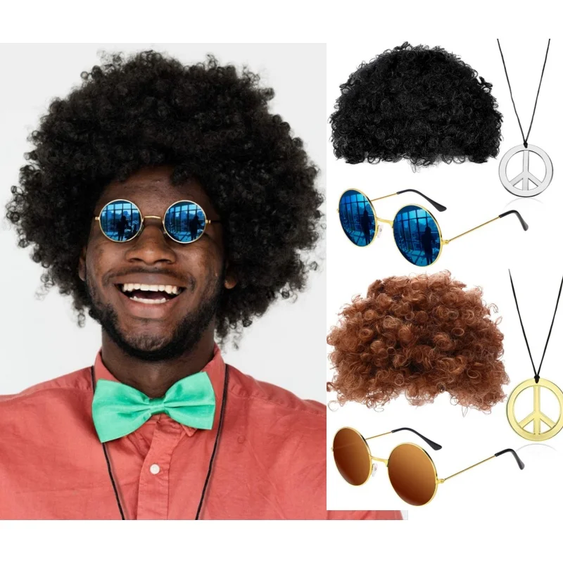 

3 Pcs Wig Set Halloween Cosplay Party Festival Hippie Wig Sunglasses Necklace Set Unisex Hip Hop Costume Prop Curly Hair Wig Hat