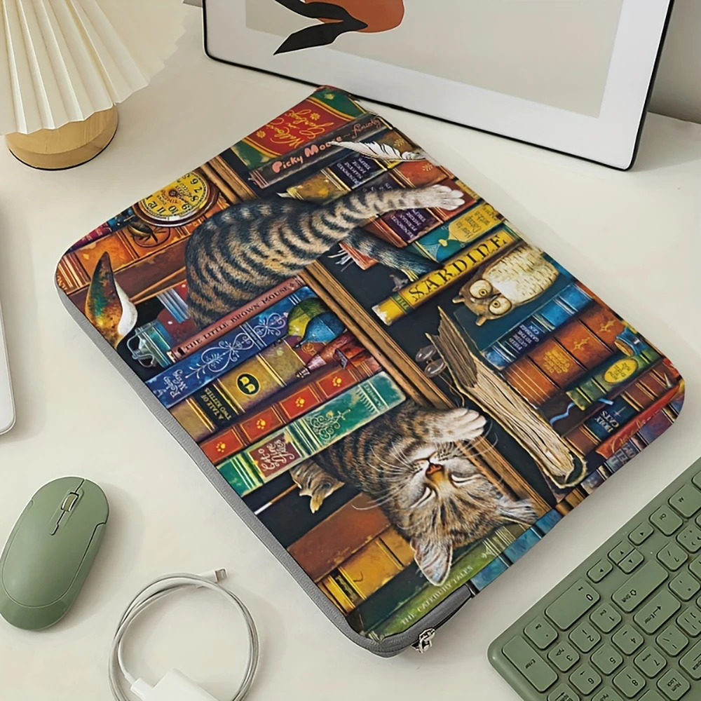 1, Laptoptasche mit Katzen- und Bücherregalmuster, Aktentasche, geeignet für 15-Zoll-Laptops, feste Laptoptasche (ohne Handgerät) – Detail 5