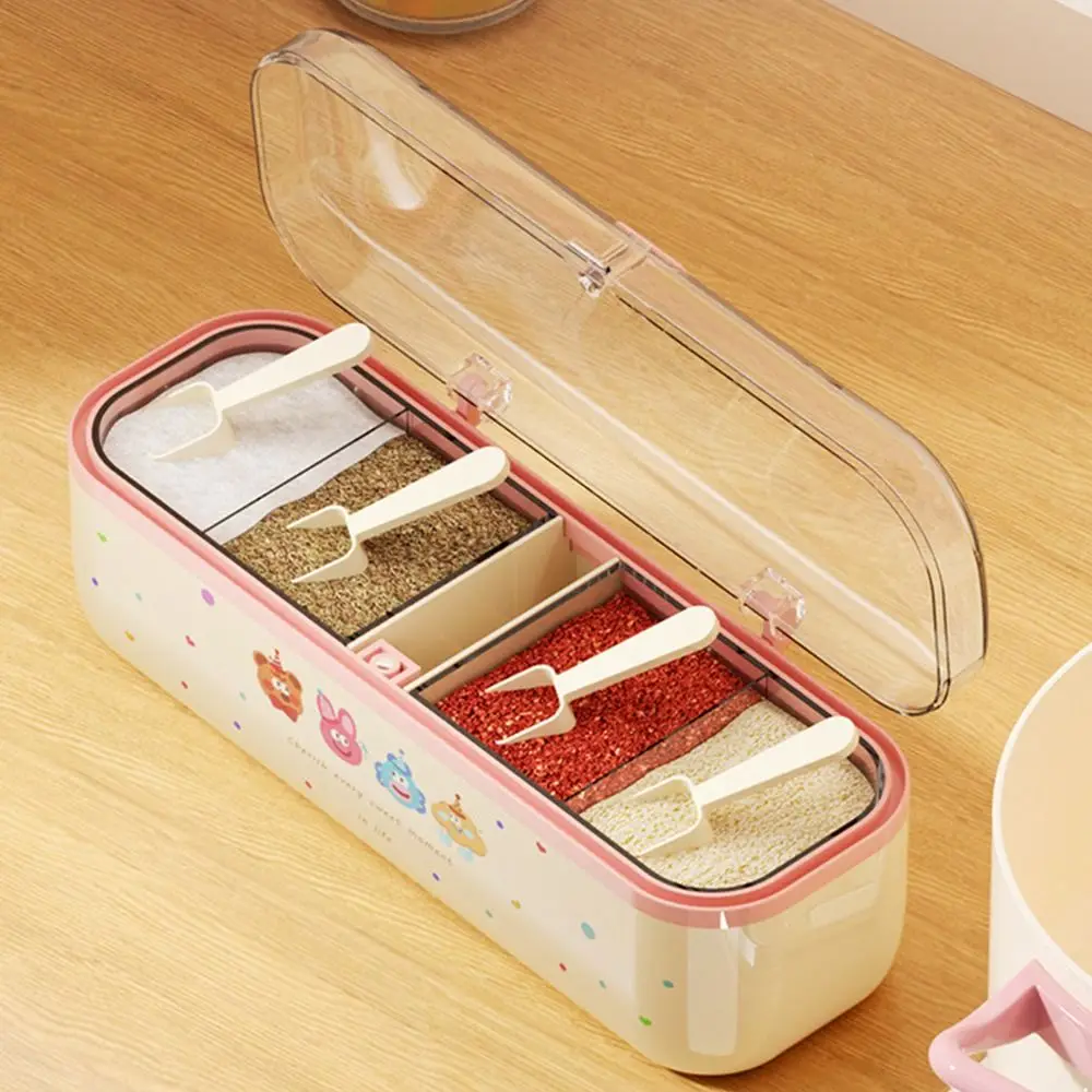 Sealed Spice Storage Rack 4 Grids Food Grade Kitchen Seasoning Jar with Spoon Moisture-proof Spice Storage Container