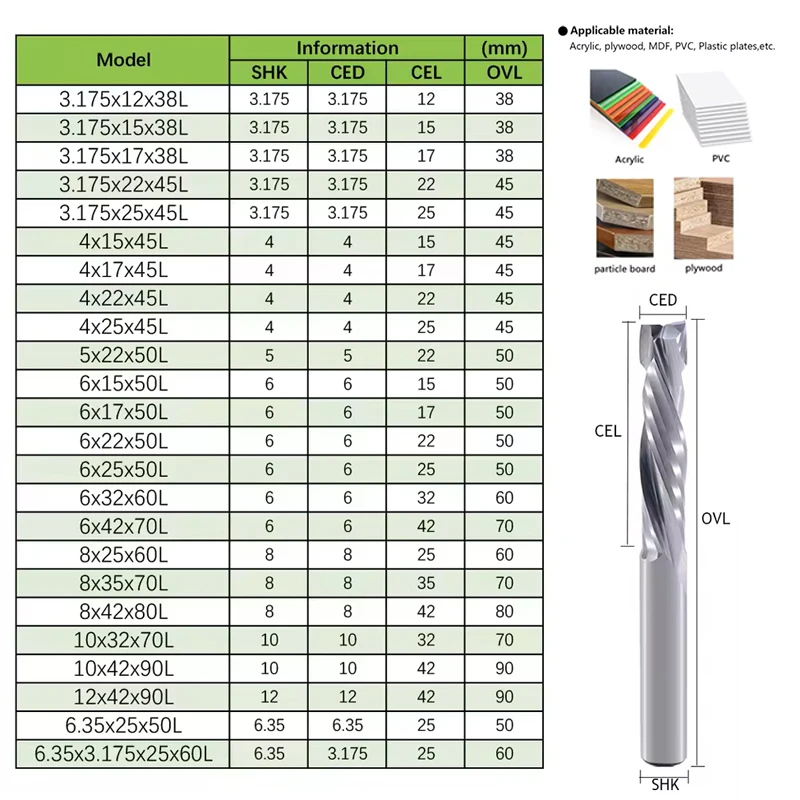 1Pc UP And DOWN Cut Spiral Carbide Mill Cutters - 3.175/4/5/6/8/10mm Two Flutes for Compression Wood PVC End Mill Cutter Bits