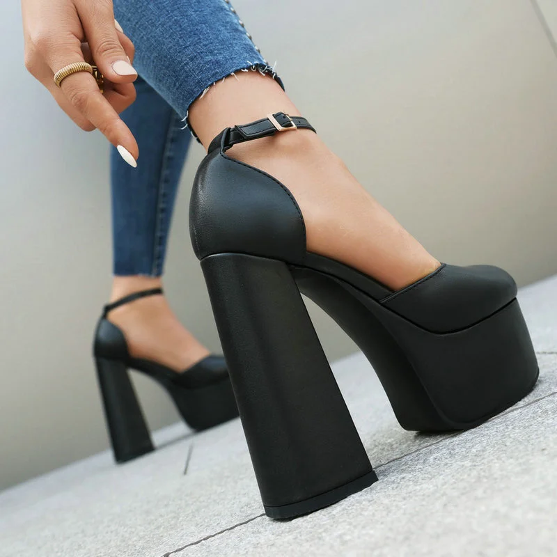 2024 Spring Women High Heel Shoes Platform Square High Heel Ladies Pumps PU Leather Round Toe Buckle Fashion Party Women Shoes