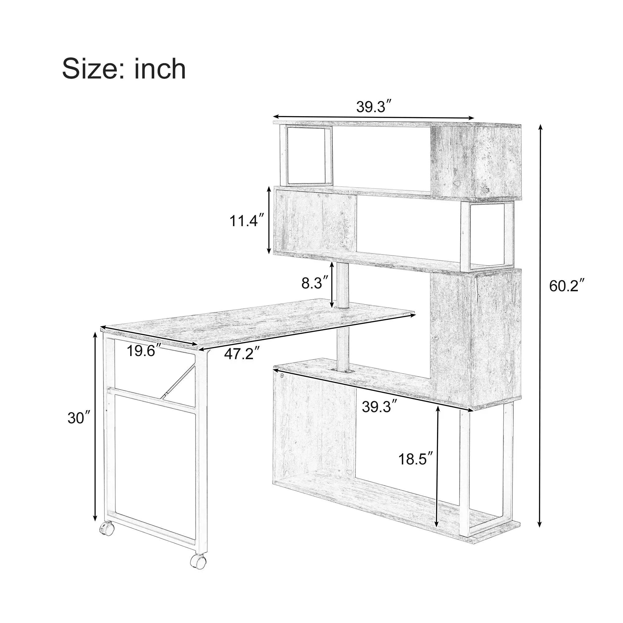 

Modern L-Shaped Home Office Desk with Rotating Table & 5-Tier Bookshelf, Lockable Casters - Versatile Setup (Black)