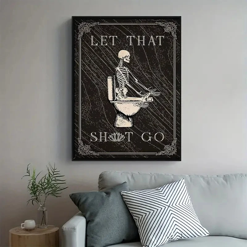 Black Retro Skeleton in The Toilet Canvas Prints I Hope Everything Is Fine Wall Art Poster for Bathroom Home & Halloween Decor