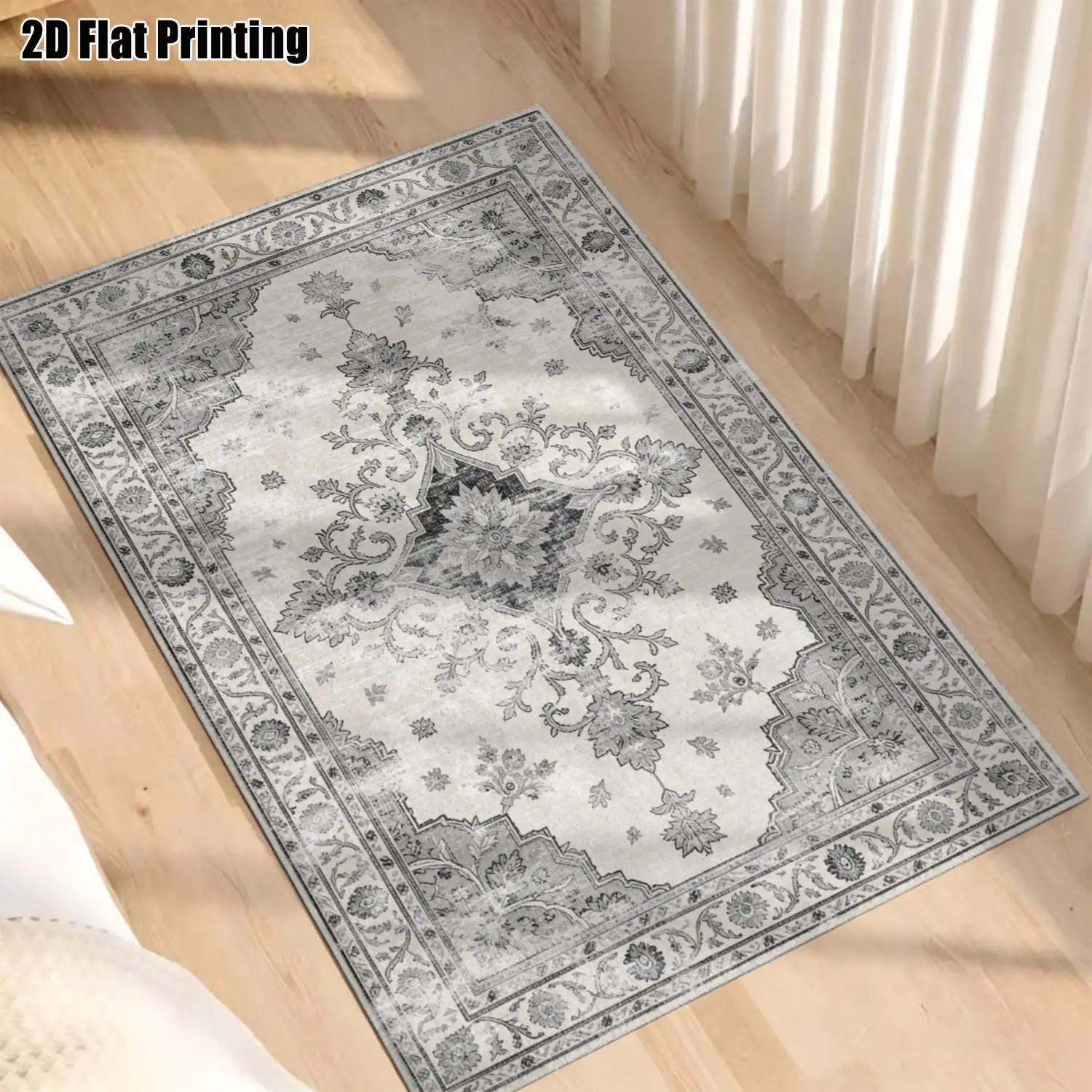 1Pc 2D Printed Carpet: Blue-Grey Retro Floral Pattern, European/Vintage/Geometric/Bohemian Style, Multi-Size, Machine Washable, for Entrance, Living Room, Bedroom, Dining Room, Foyer Home Decor