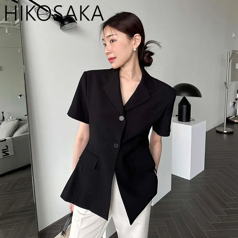 Korean Fashion Short-sleeved Suit Female Blouse Summer Niche Temperament Back Slit Design Top Fake Pocket Double Button Shirt