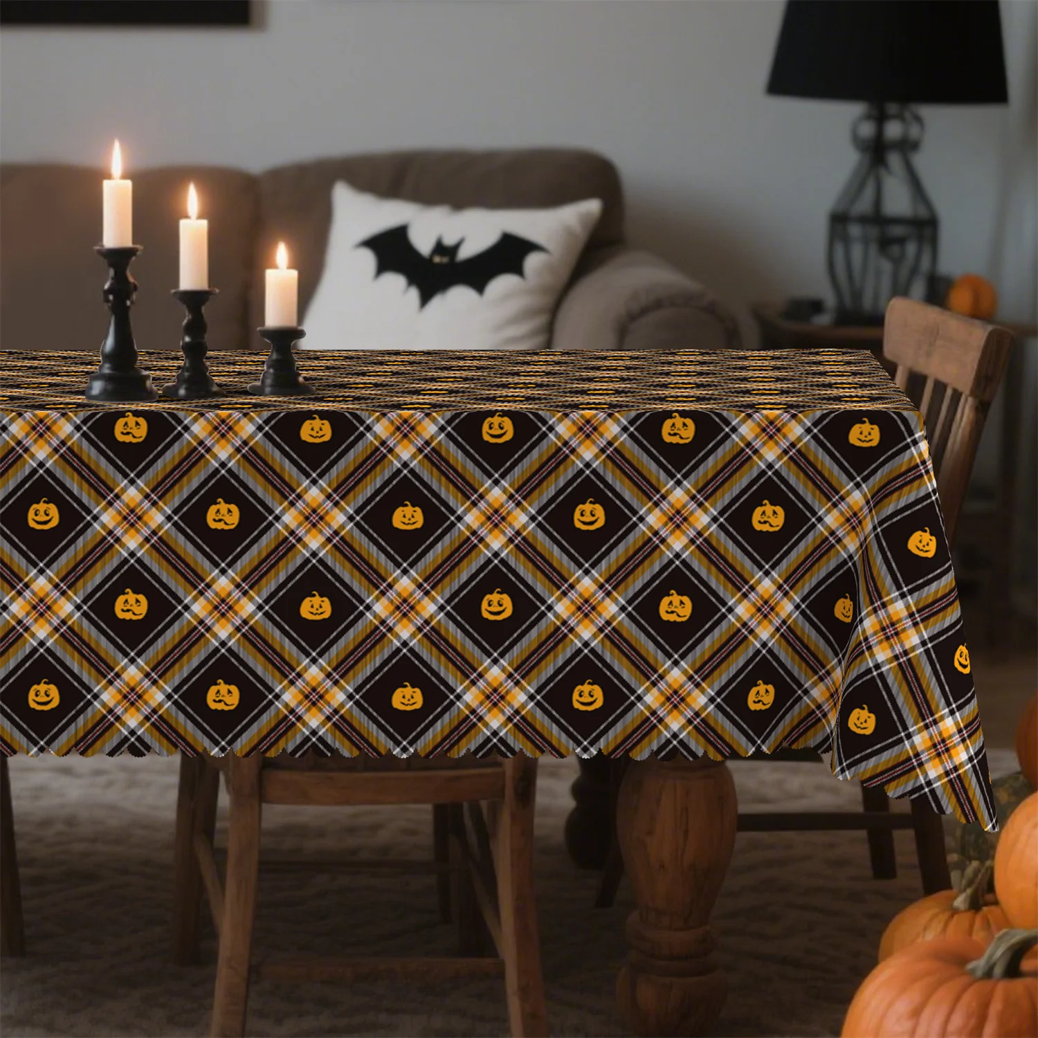 Checkered Ghost Face Pumpkin Halloween Tablecloth - 1 pack - Suitable for kitchen table, outdoor party decoration