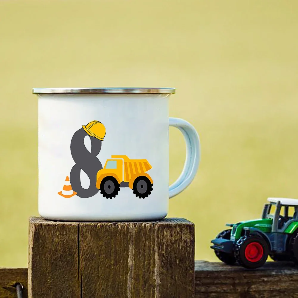 Cartoon Number 1-8 Truck Enamel Cola Mugs Home Party Juice Cocoa Coffee Cups Kids Boys Cute Milk Water Mug Child Birthday Gifts