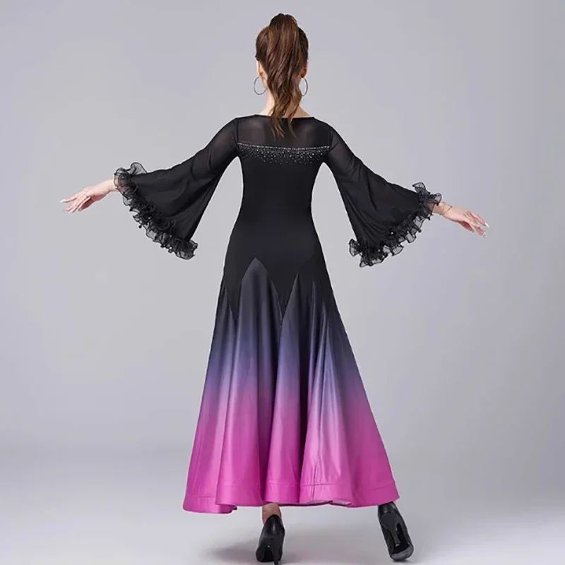 Women Rhinestone Modern Standard Dance Latin Waltz Gradient Flower Wave Wide Cuffs Big Swing Dress Practice Performance Costume