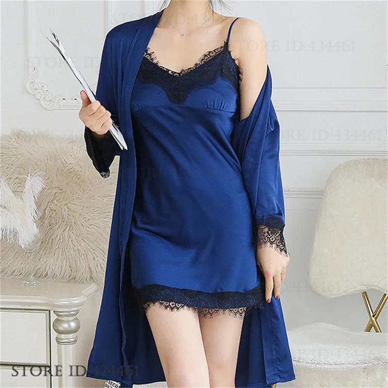 Indumenti da notte da donna Estate Nuovo Twinset Robe Set Camicia da notte Patchwork sexy Camicia da notte in pizzo Lingerie Raso di seta Homewear Pigiama