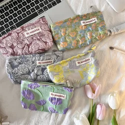 French Embossed Flowers Travel Cosmetic Storage Bag Wallet Cute Women Makeup Kits Handbags Phone Pencil Case Organizer Pouch Bag