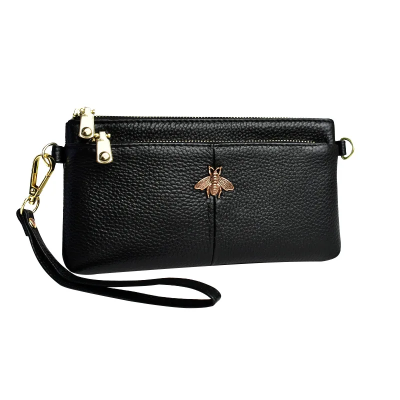 المرأة جلدية النحل سستة مخلب المحفظة طويلة محفظة نسائية للعملات المعدنية معصمه حامل بطاقة وجيب للهاتف الخليوي جلد البقر السيدات المال B