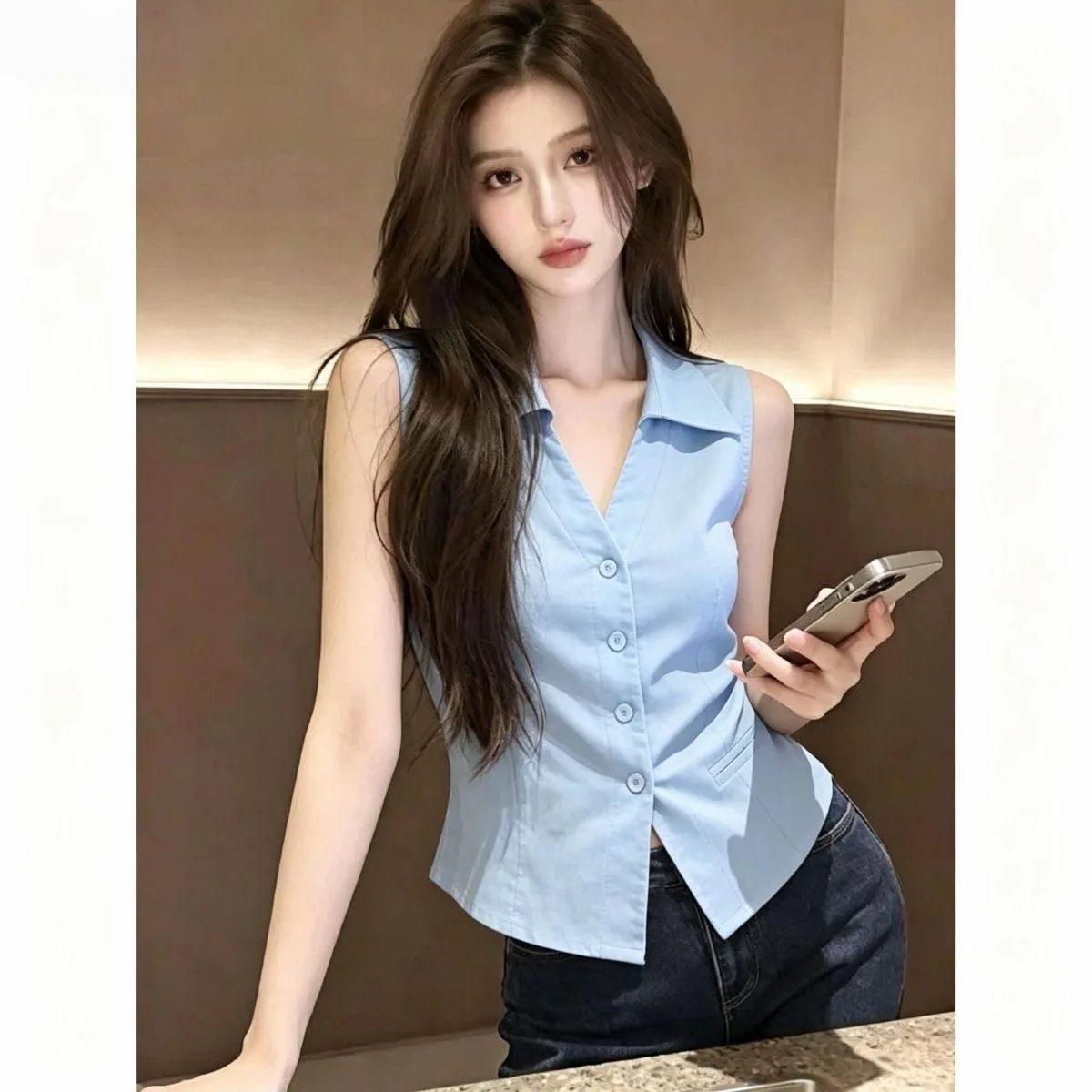 Slim Fit  Neck Sleeveless Shirt Women's Summer Design Sense Lady's Old Money Style Top Comfortable Breathable Polyester