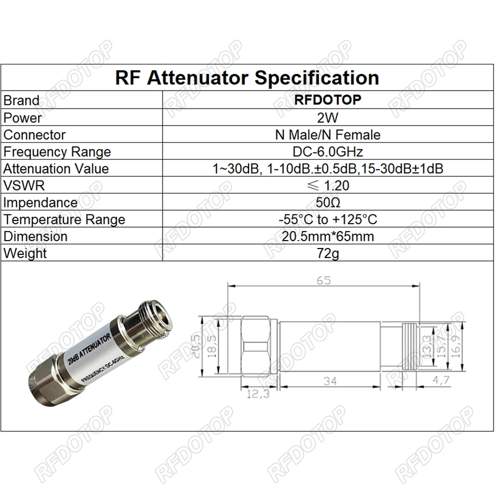 DC-6GHz 2W N Type Attenuator 3/5/6/10/15/20/30dB N Male to N Female Connector RF coaxial Attenuator VSWR≤1.2 50 Ohm