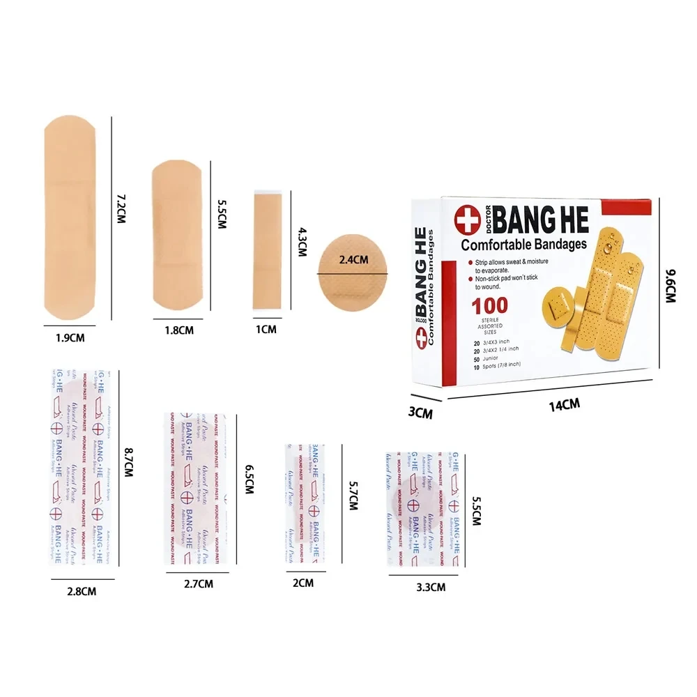 Impermeável Band-Aids Bandagens, Multi Size, Casa, Viagem, Kits de Emergência, Primeiros Socorros Médicos, Anti-Bactérias, Ferida de Gesso, 100Pcs, Pacote