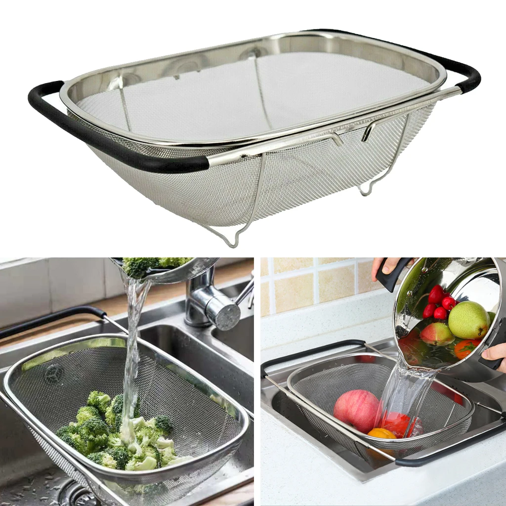 Expandable over the Sink Colander Stainless Steel Strainer Kitchen Strainers Mesh Basket for Rinsing Produce