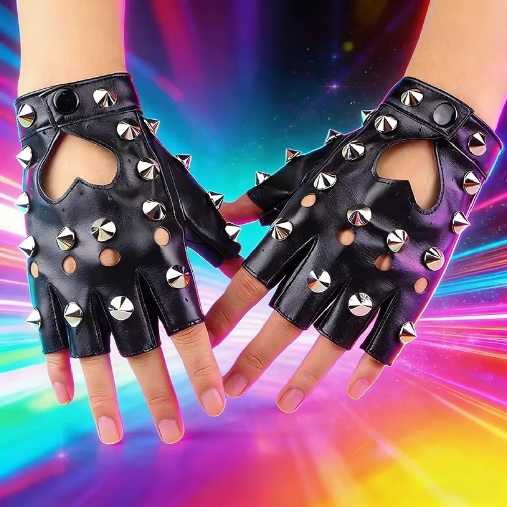 Half-palm Design Studded Leather Gloves Studded Details Edgy Fingerless Gloves Gothic Style Half Finger Gloves Nightclub