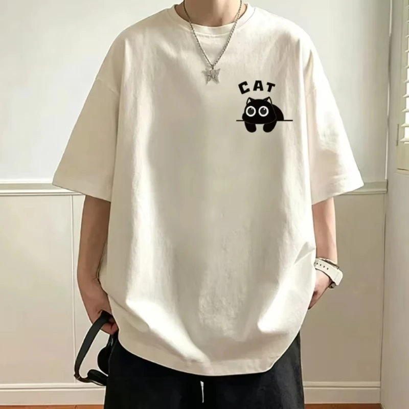 Men's Casual T‑Shirt Cute Black Cat Print Short Sleeve Tees Summer Men's and Women's Streetwear Basic Tops T Shirt Korean