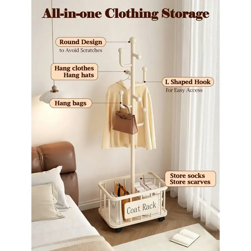 White Coat Rack With Storage Basket, Freestanding Clothes Rack, Coat Rack Stand For Scarves Handbags Clothes, Modern Coat Hange