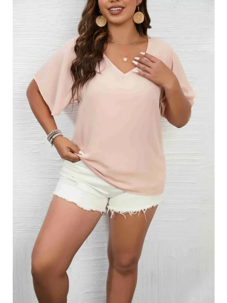 Plus Size 1XL-5XL Women's Solid Color  Short Sleeve Blouse V Neck Bell Sleeve Blouse Casual Pullovers Shirt Top image 5