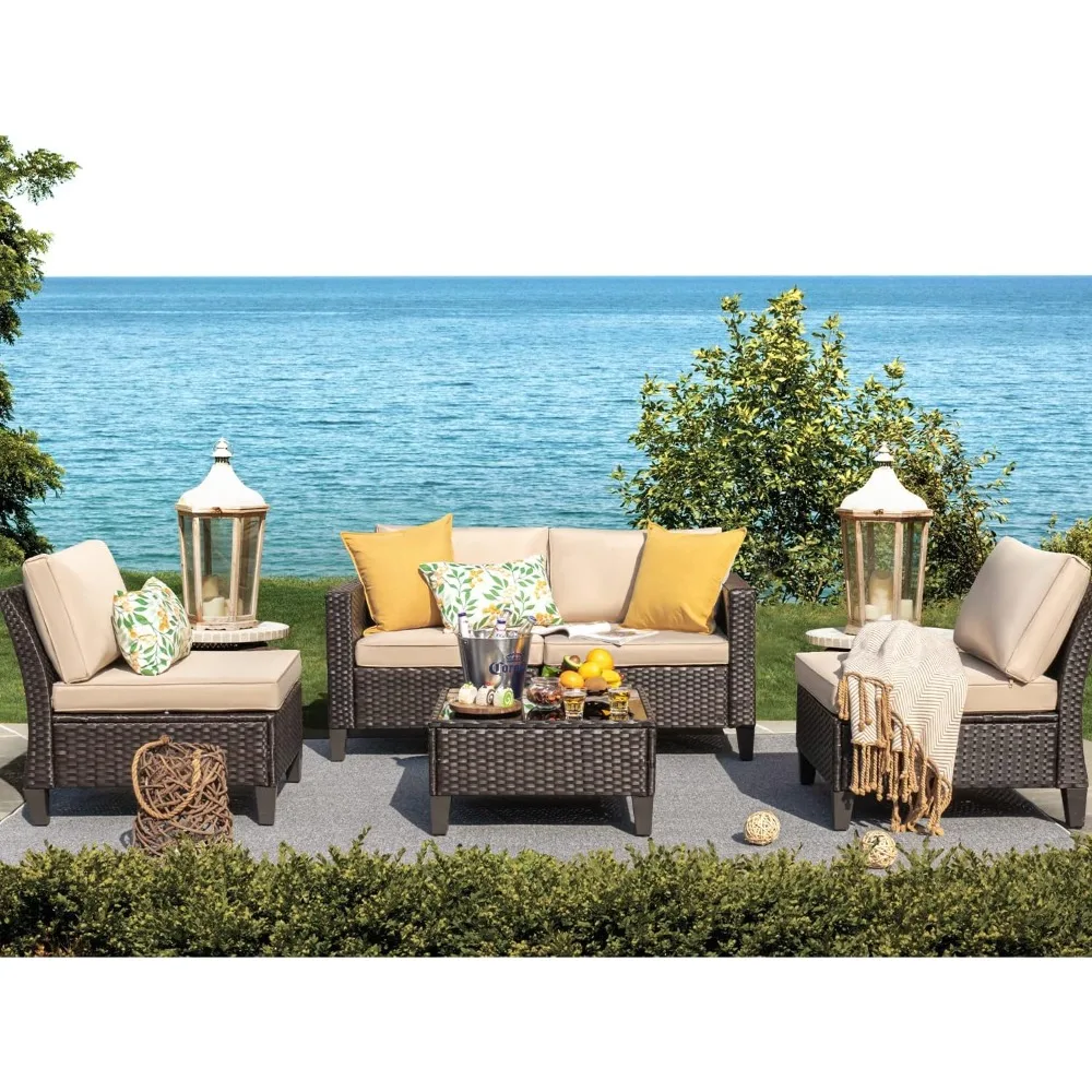 

5-piece courtyard furniture wicker outdoor split type furniture courtyard split type sofa with glass coffee