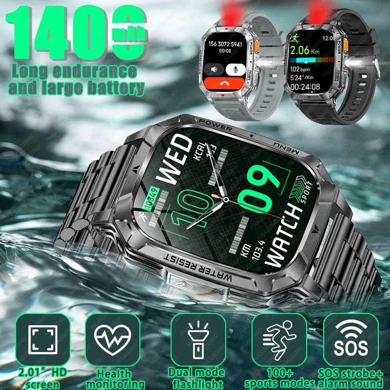 

2026 New Military outdoor 1400mAh Battery Smart Watch Men Waterproof Call 2.01" HD screen Sports HeartRate Flashlight Smart Band