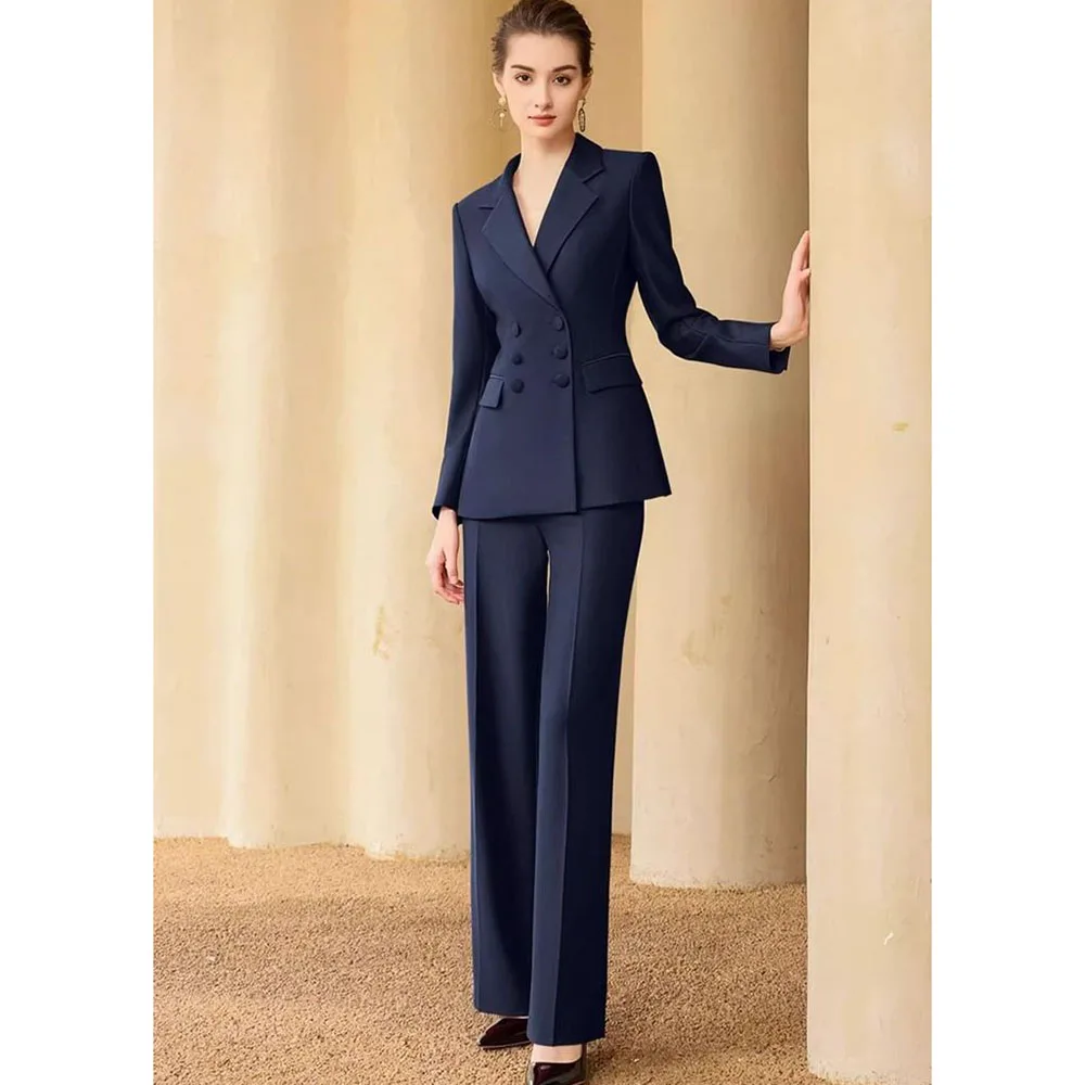 Luxury Classic Women 's Suit Double Breasted Notch Lapel 2 Pieces Jacket Pants Female Clothing Slim Fit Office Lady Blazer Set
