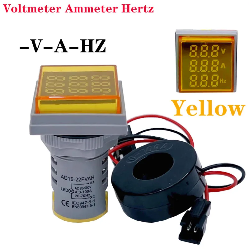 Square LED Digital Voltmeter Ammeter Hertz Meter AC20-500V Signal Lights Voltage Current Frequency Combo Meter Indicator Tester