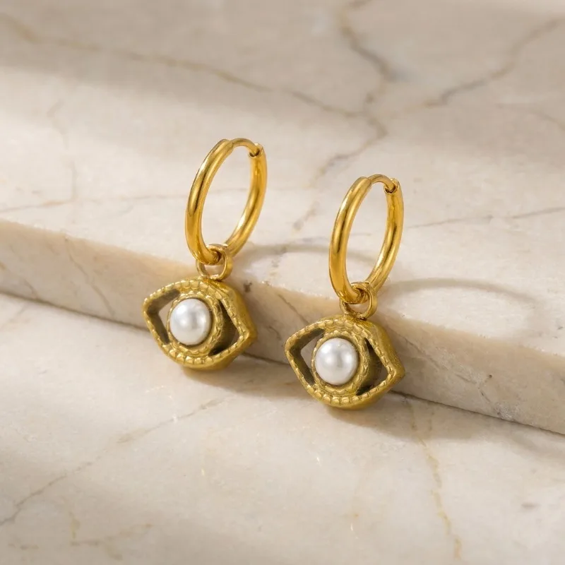 Dainty Evil Eye Pearl Drop Huggie Earrings Gold Tone Tiny Eye Charm Ladies Daily Ear Accessories