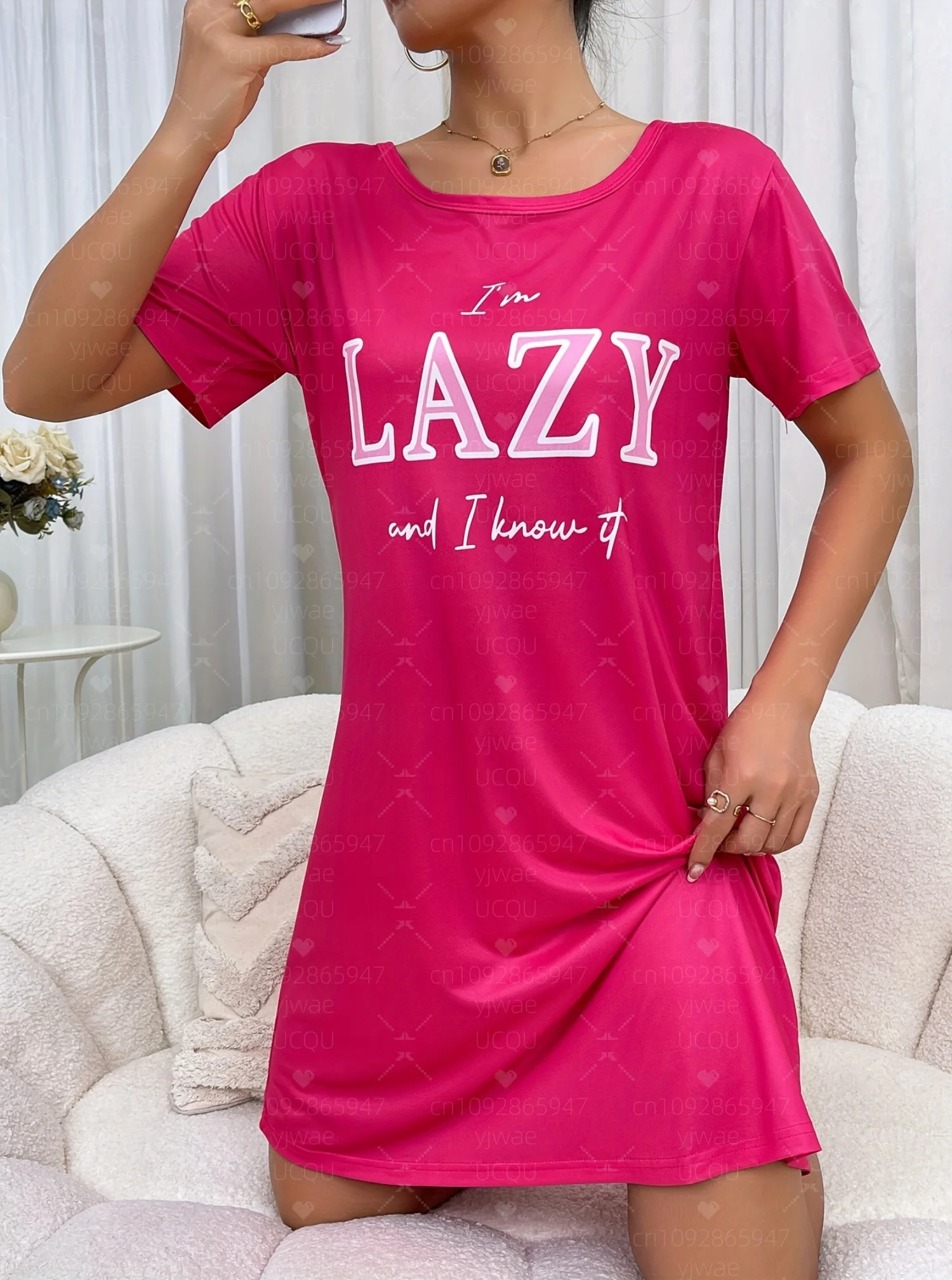 2025 Summer  Women T-Shirt Dress Loose Casual l'm lazy Printed O-Neck Lady Short Sleeve Pullover Dresses Women Clothing