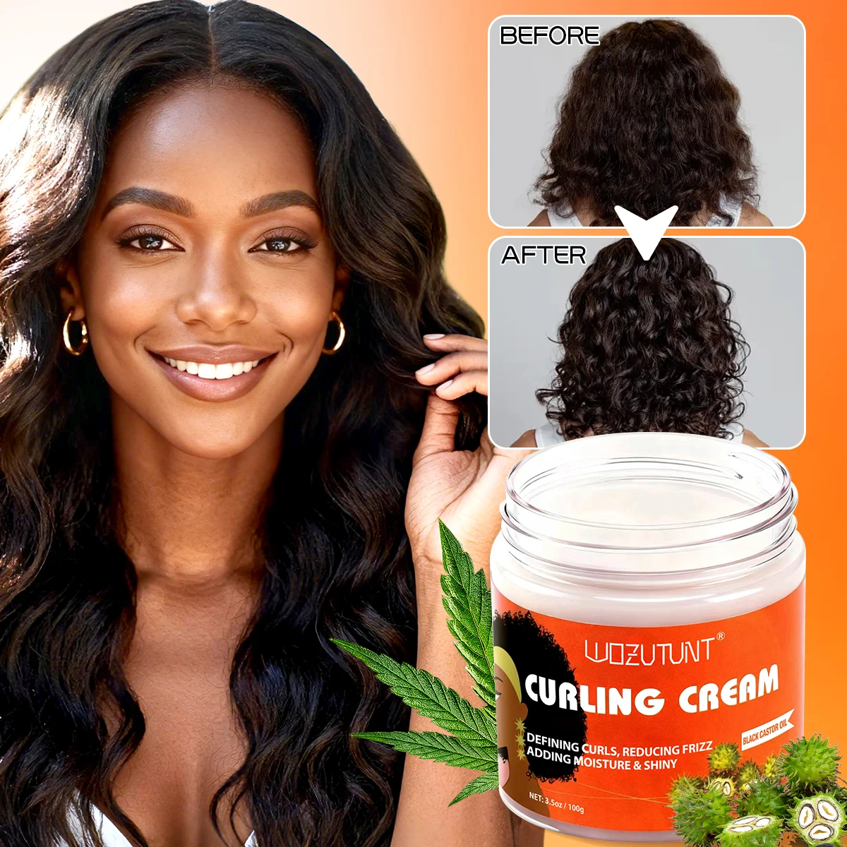 WOZUTUNT Curl Defining Cream 100g, Leave-in Styling Cream with Black Castor Oil,Frizz Control Hydrate for Bouncy Shiny Hairstyle