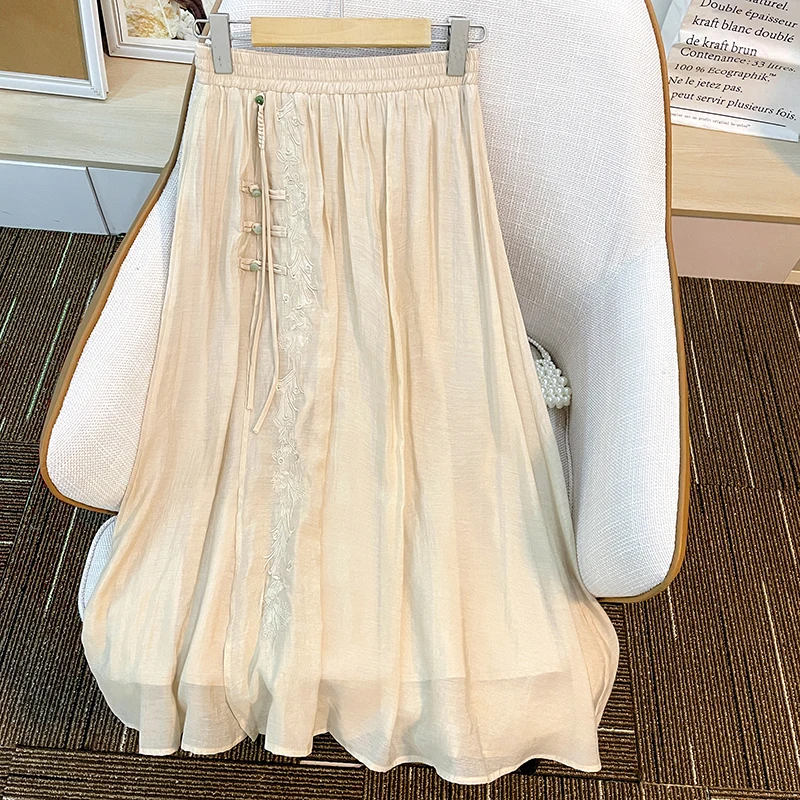 

Юбка из шелкового льна с вышивкой Ele, женская летняя драпированная юбка для похудения, большие качели, эфирные дзен, хлопок и лен, древний Sle A...