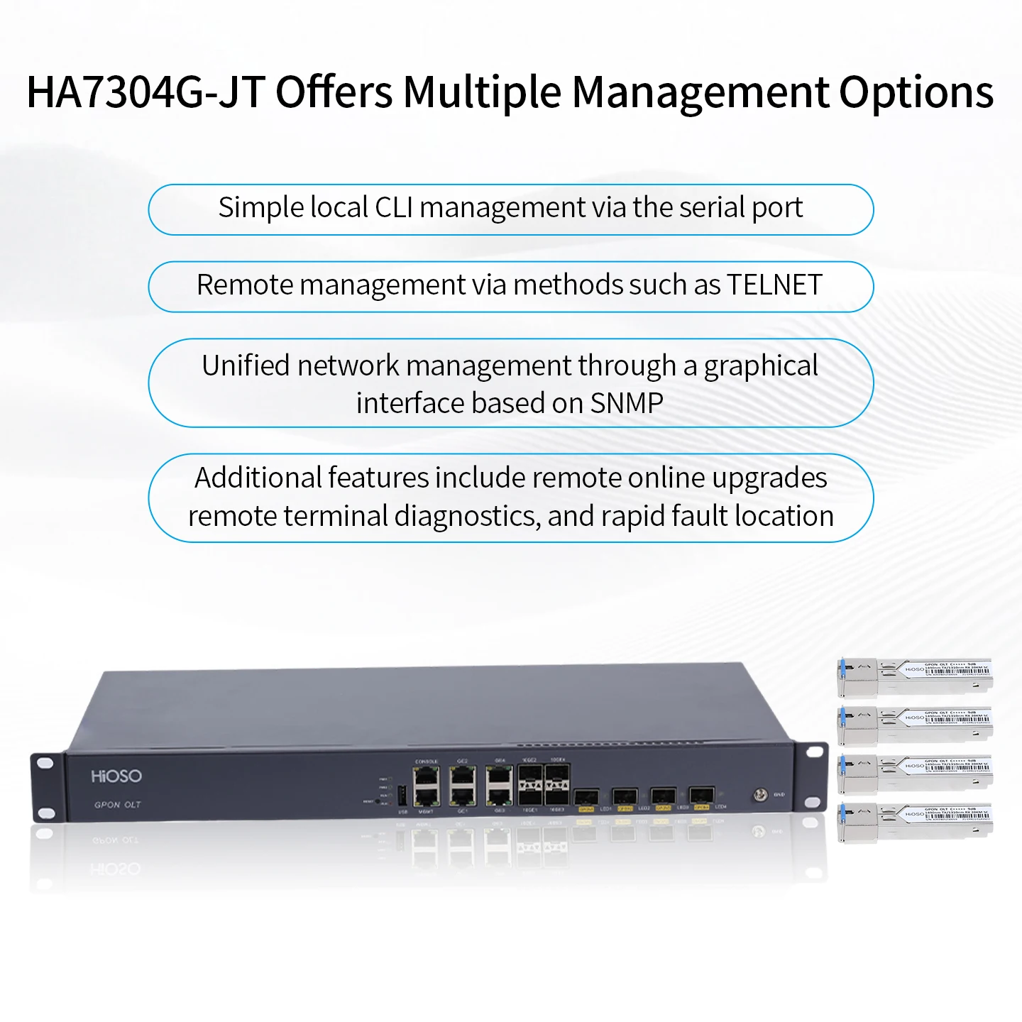 HiOSO HA7304G-JT Without Pon Module 4PON GPON OLT Fiber Optic Equipment FTTx 4 Ports Best-Selling Mini OLT FTTH 10GE/GE SFP RJ45