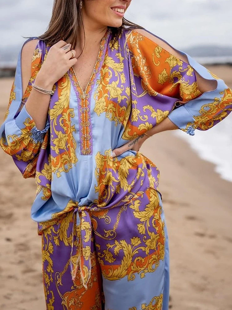 Vintage Beach etniczny nadruk Pant zestawy nadruk w stylu Boho pasujące zestawy damskie Casual z długim rękawem Top elastyczny pas spodni