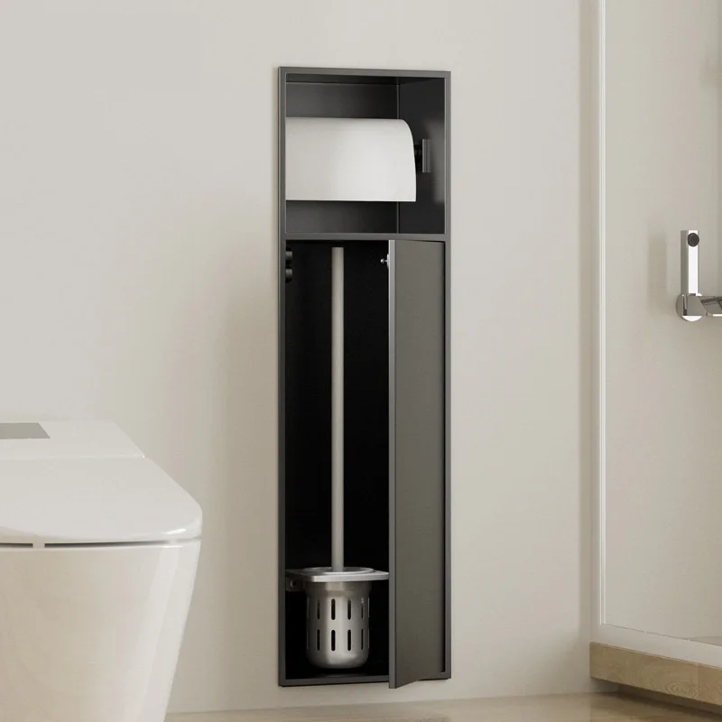 

Cross-border stainless steel simple multi-functional toilet niche tissue holder embedded metal rack toilet with door cabinet