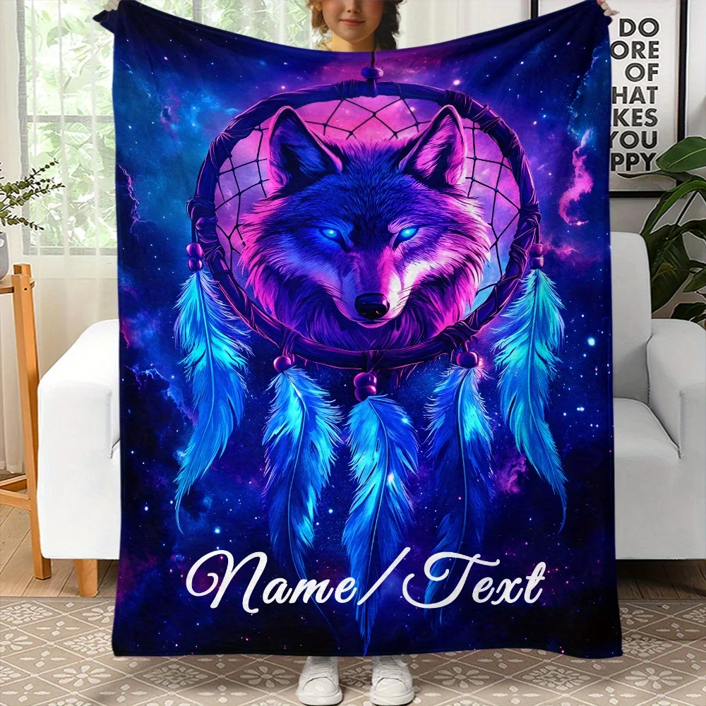 1pc Custom Name Blanket Mystical Wolf Dreamcatcher Design with Cosmic Starry Background Soft Flannel for Sofa Bed Travel Camping