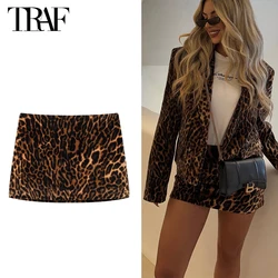 TRAF Leopard Print Women Skirt Set Office Velvet Mini Skirts for Women High Waist Short Skirt Woman Fashion Winter Women's Skirt